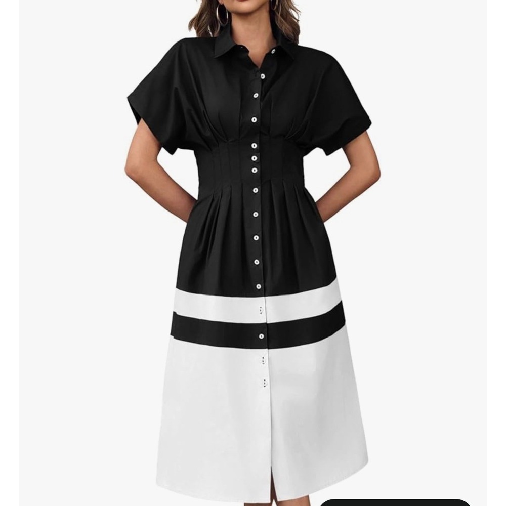 Women Black White‎ Button Down Shirt Summer Dress Smocked Waist Cotton Medium